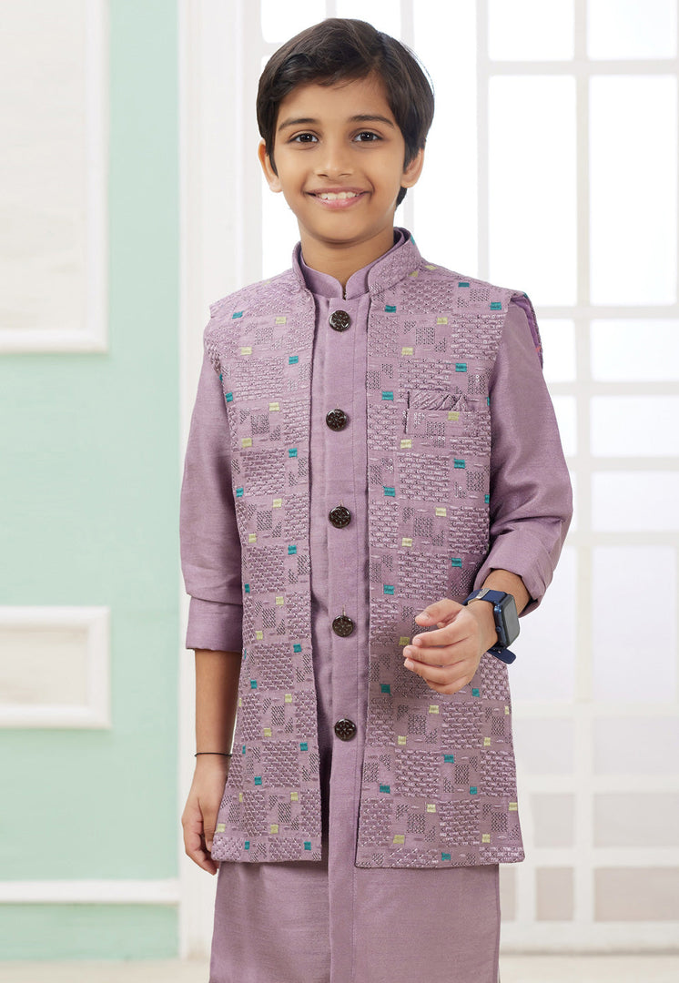 Lavender Art Silk Kids Indo Western Suit