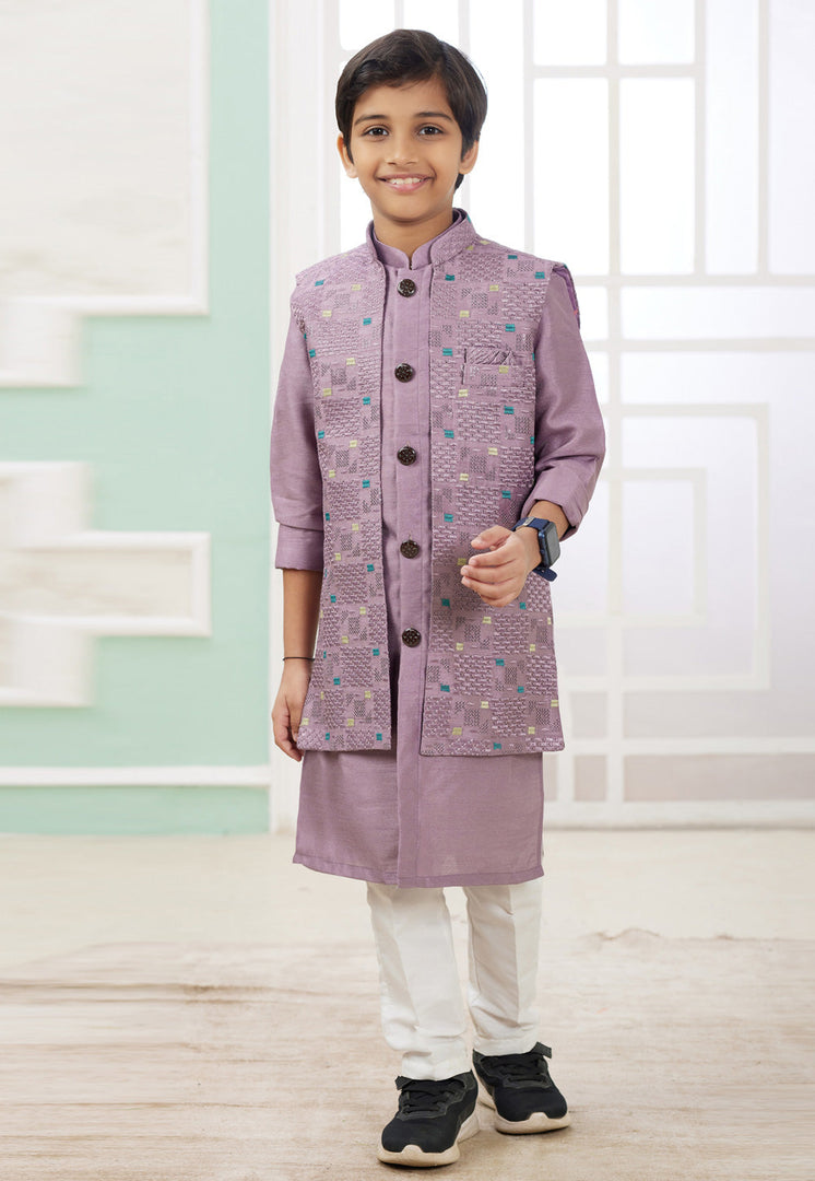 Lavender Art Silk Kids Indo Western Suit