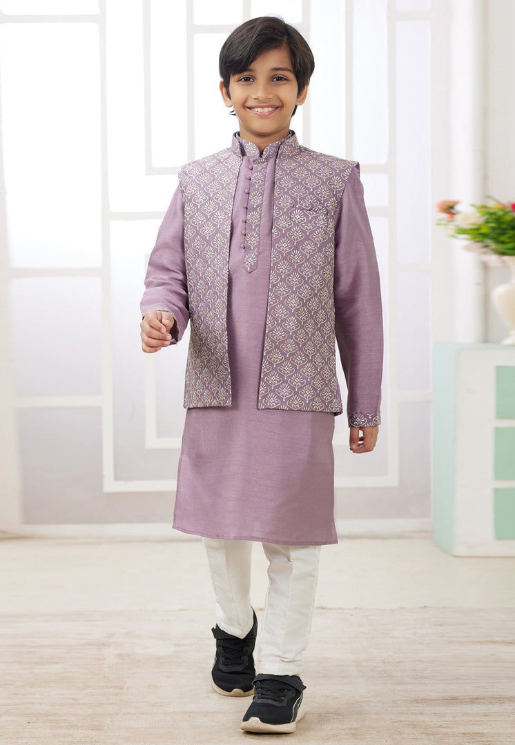 Lavender Art Silk Kids Kurta Pajama With Jacket