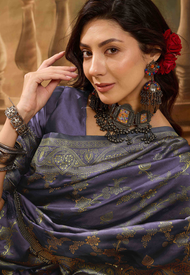 Lavender Banarasi Jacquard Saree With Blouse