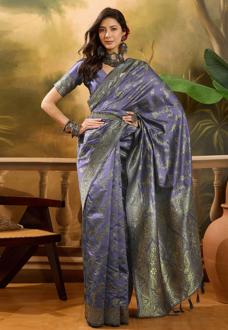 Lavender Banarasi Jacquard Saree With Blouse