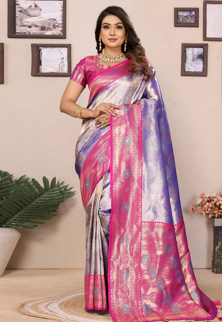 Lavender Banarasi Silk Saree With Blouse
