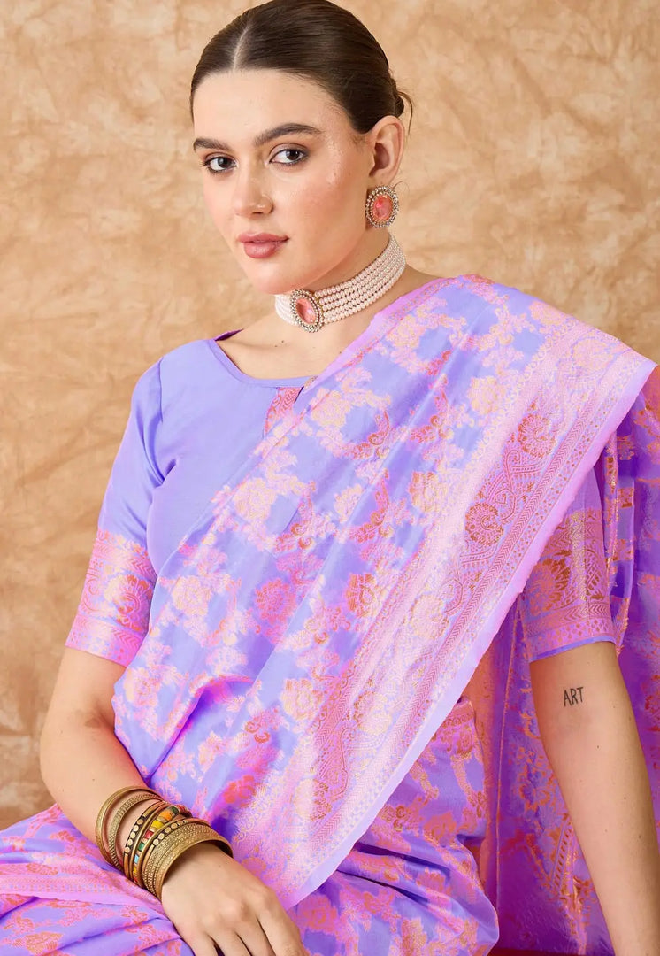 Lavender Banarasi Silk Saree With Blouse
