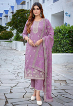 Load image into Gallery viewer, Lavender Chanderi Readymade Pant Style Suit

