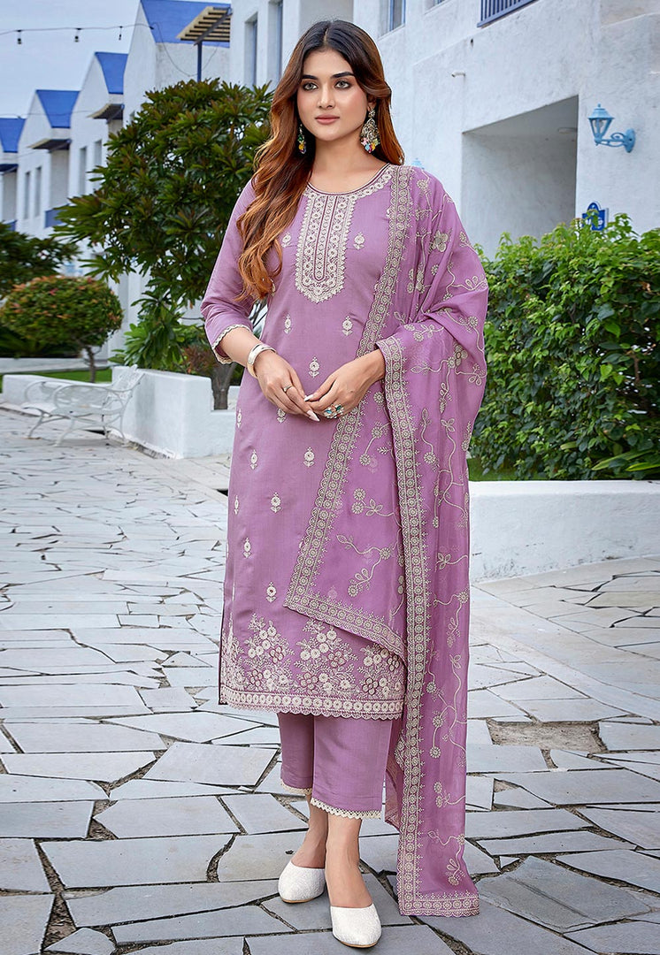Lavender Chanderi Readymade Pant Style Suit