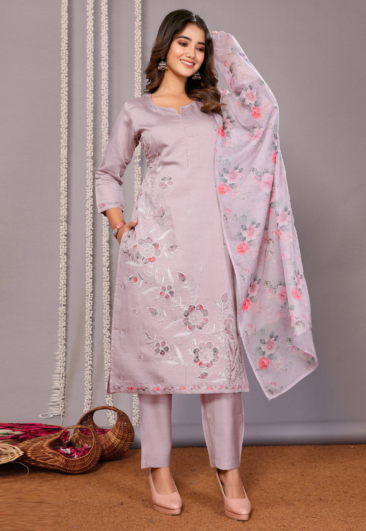 Lavender Chanderi Readymade Pant Style Suit
