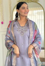 Load image into Gallery viewer, Lavender Chanderi Readymade Pant Style Suit
