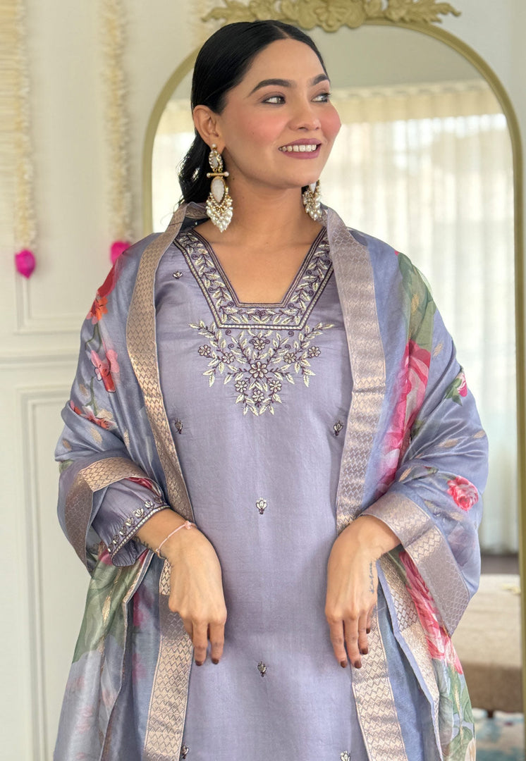 Lavender Chanderi Readymade Pant Style Suit