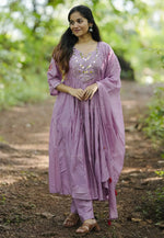 Load image into Gallery viewer, Lavender Chanderi Silk Readymade Pant Style Suit
