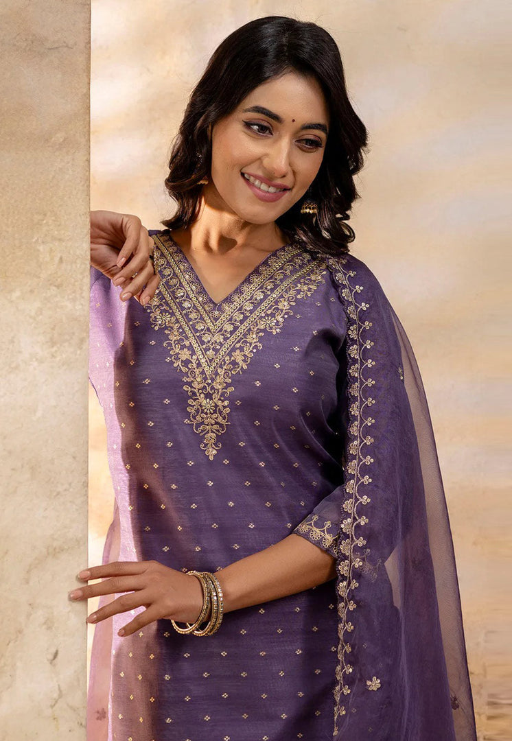 Lavender Chanderi Silk Readymade Pant Style Suit
