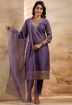 Load image into Gallery viewer, Lavender Chanderi Silk Readymade Pant Style Suit
