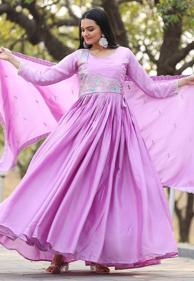 Lavender Chinon Readymade Anarkali Suit
