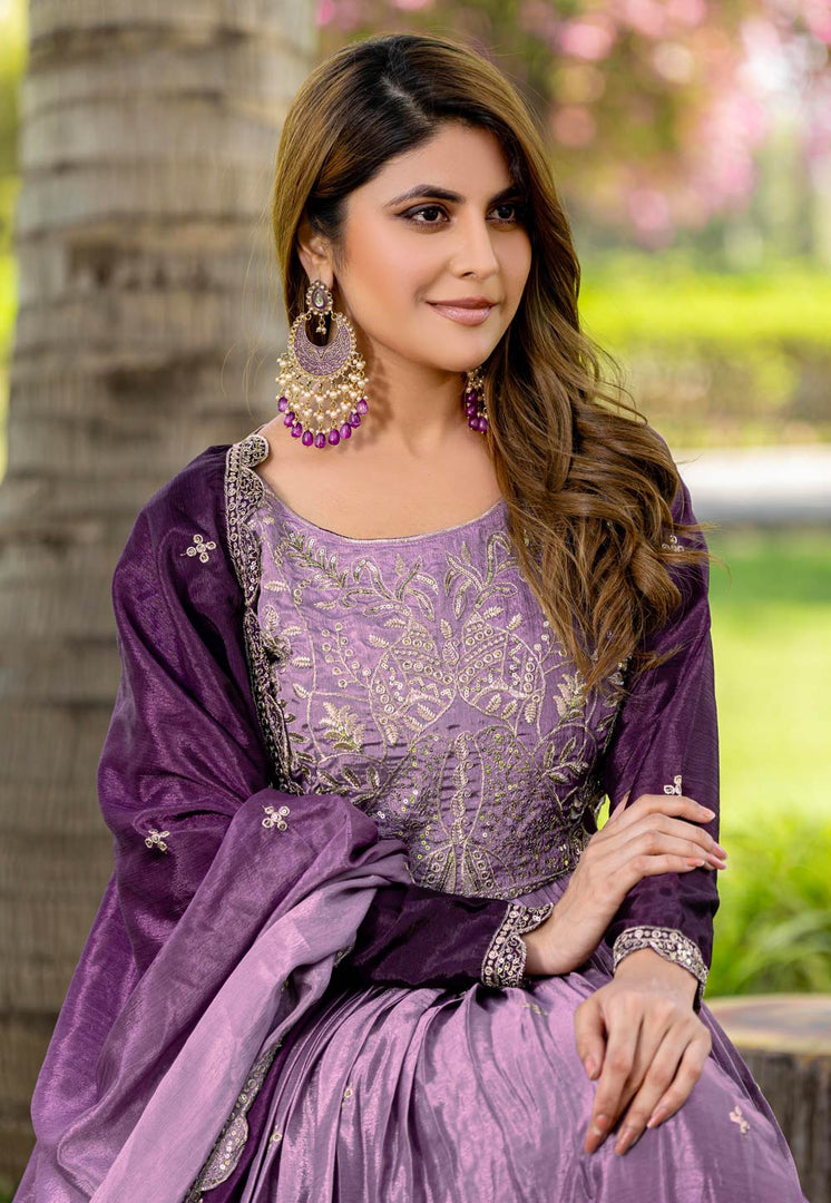 Lavender Chinon Readymade Anarkali Suit