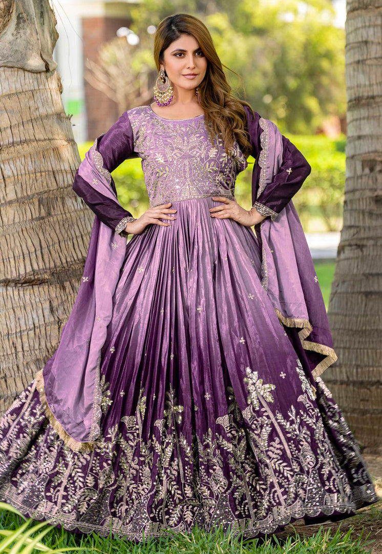 Lavender Chinon Readymade Anarkali Suit