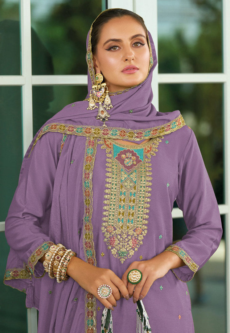 Lavender Chinon Silk Pakistani Suit