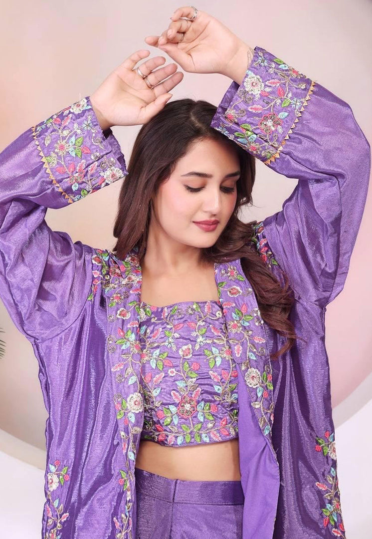 Lavender Chinon Silk Palazzo With Crop Top