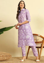 Load image into Gallery viewer, Lavender Cotton Kurta Set With Pent
