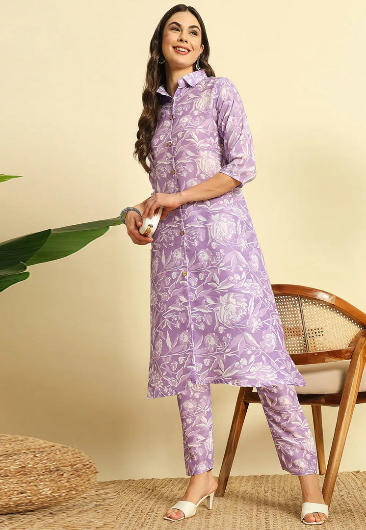 Lavender Cotton Kurta Set With Pent