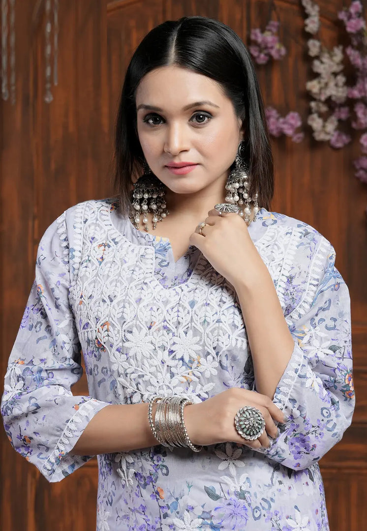 Lavender Cotton Kurta Set With Pent