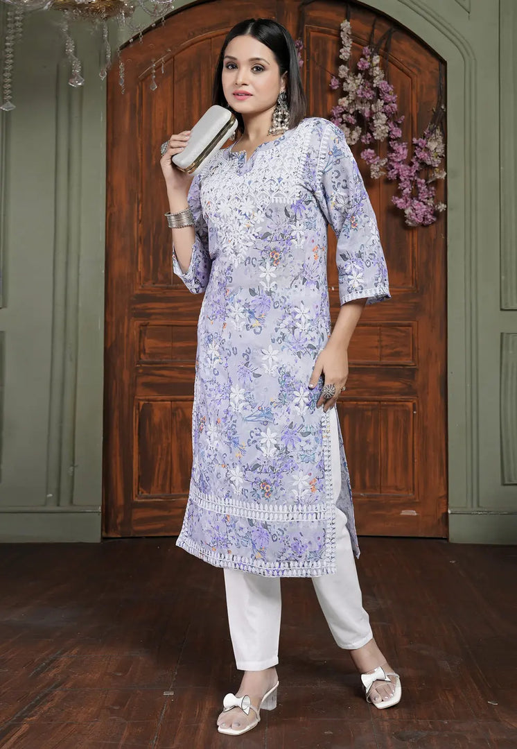 Lavender Cotton Kurta Set With Pent