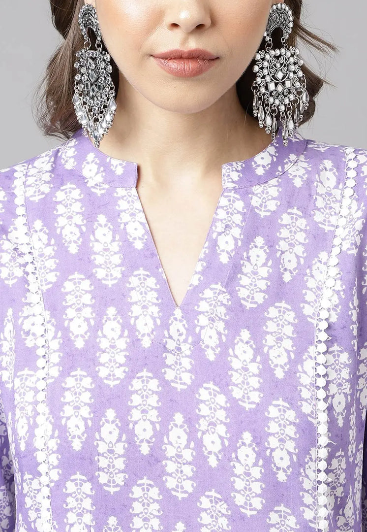 Lavender Cotton Kurta Set With Pent