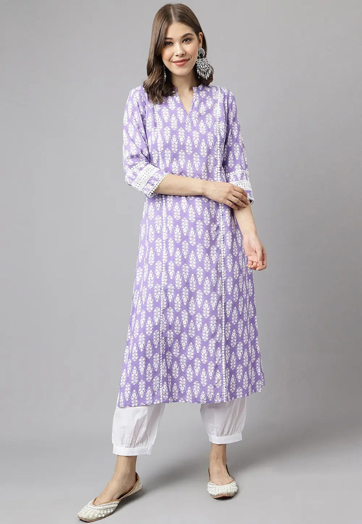 Lavender Cotton Kurta Set With Pent