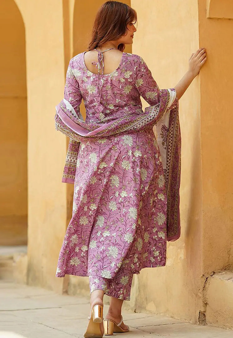 Lavender Cotton Readymade Pant Style Suit
