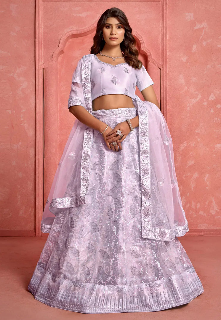 Lavender Net A Line Lehenga Choli