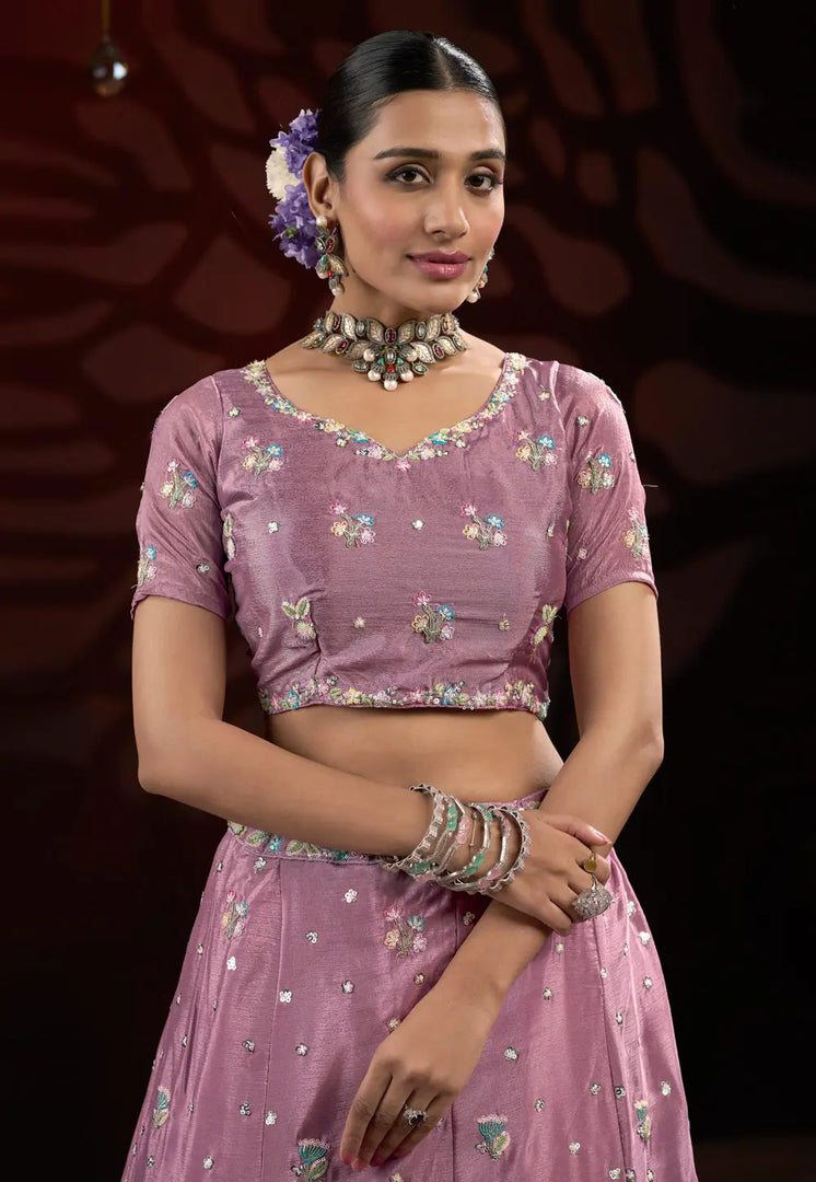 Lavender Net A Line Lehenga Choli