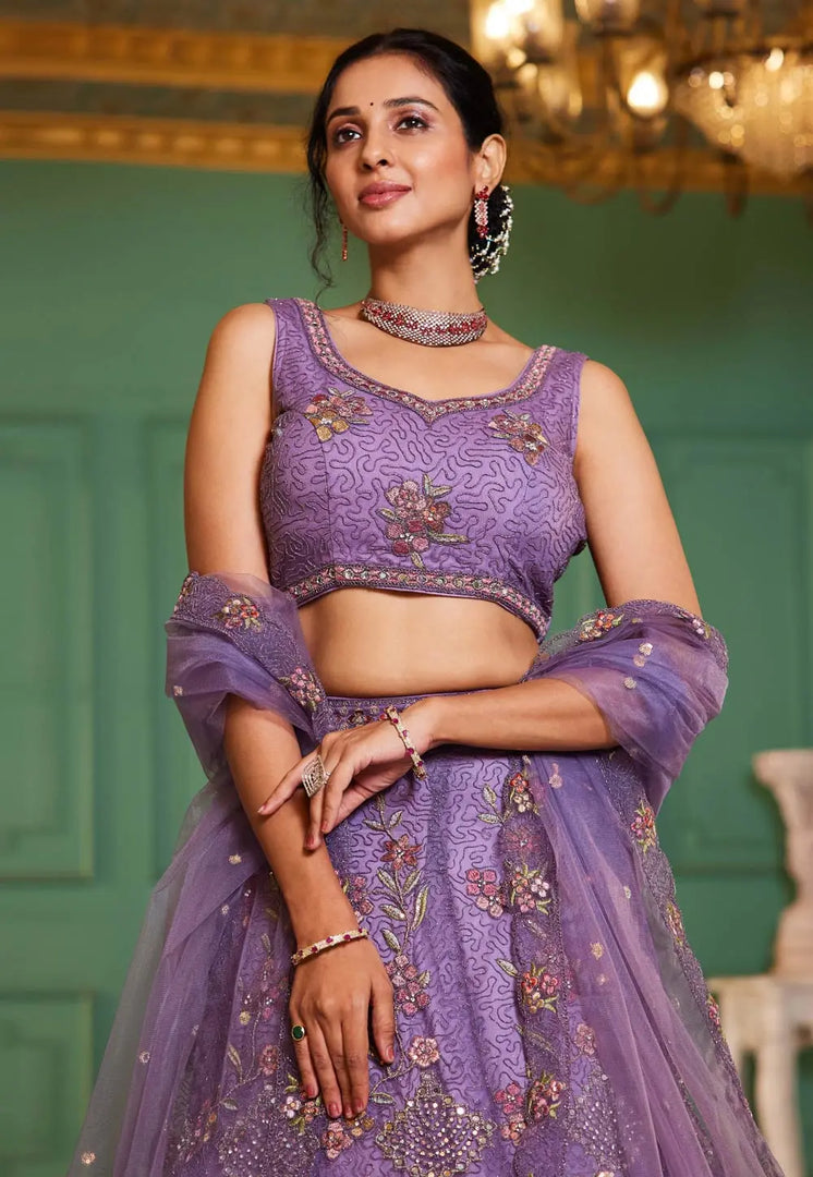 Lavender Net A Line Lehenga Choli
