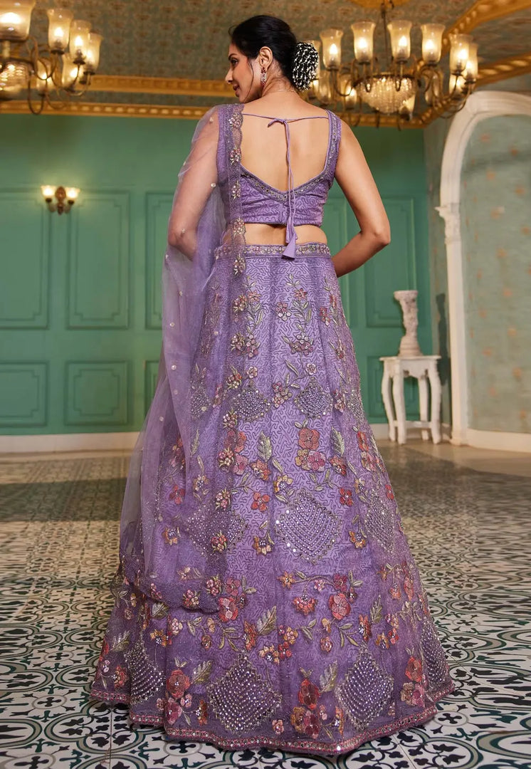 Lavender Net A Line Lehenga Choli