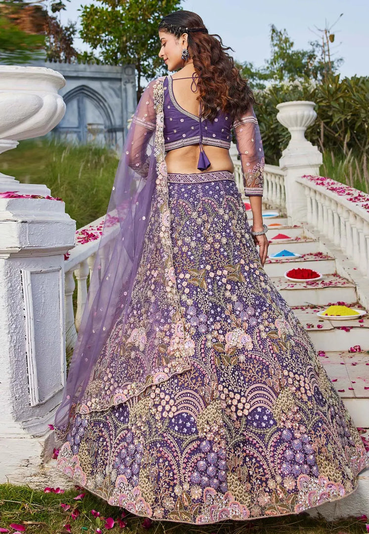 Lavender Net A Line Lehenga Choli