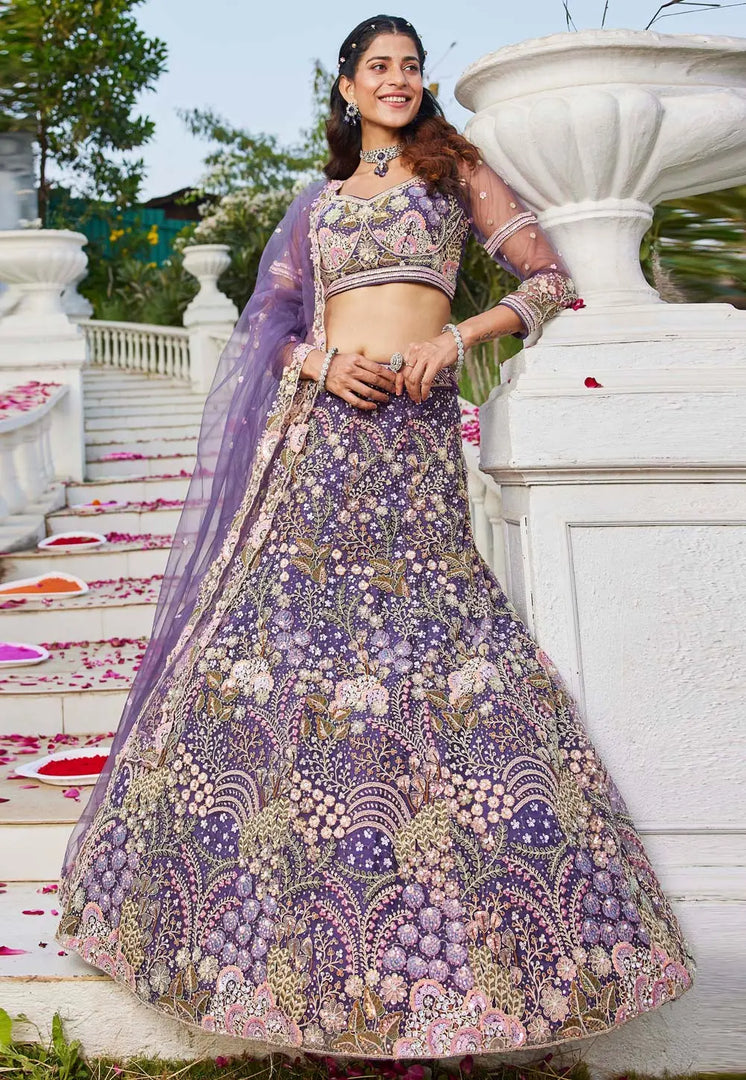 Lavender Net A Line Lehenga Choli
