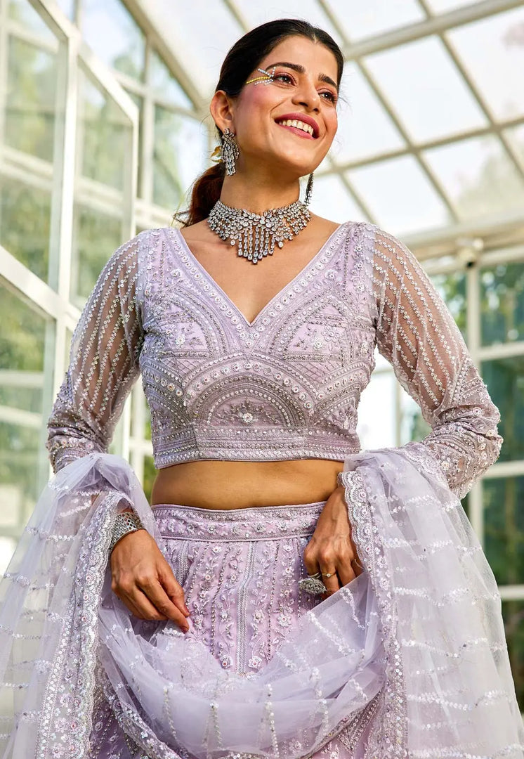 Lavender Net A Line Lehenga Choli