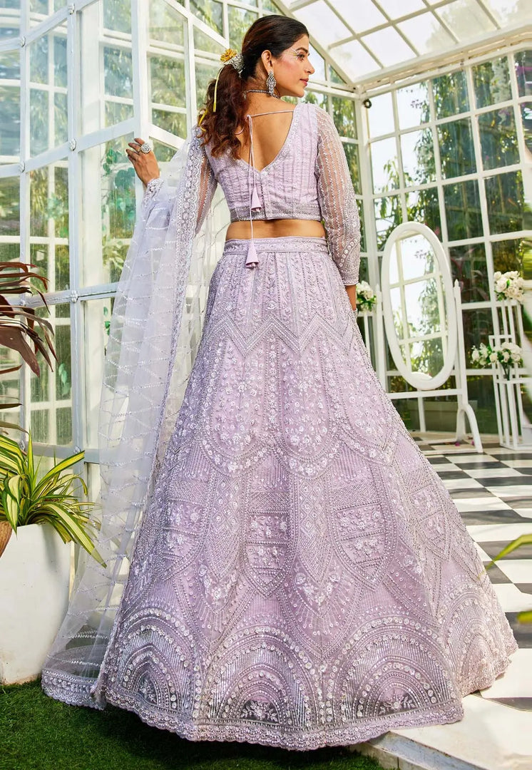 Lavender Net A Line Lehenga Choli