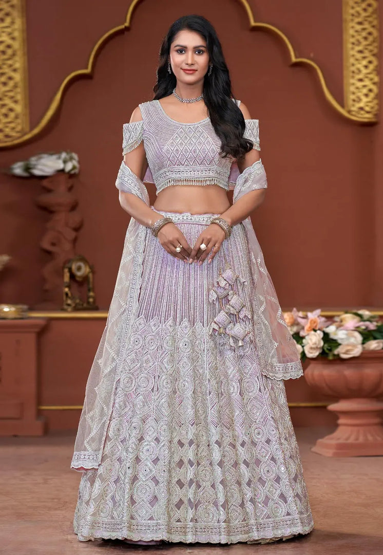 Lavender Net A Line Lehenga Choli