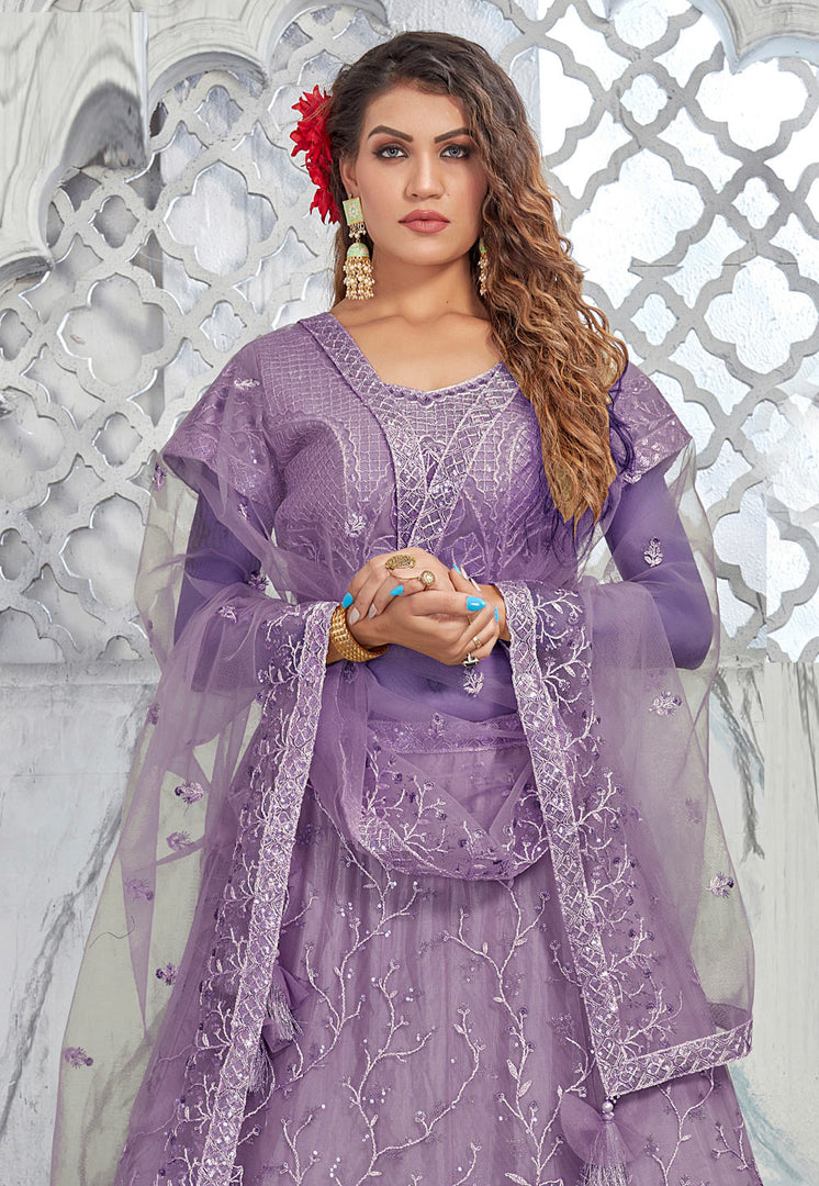 Lavender Net A Line Lehenga Choli