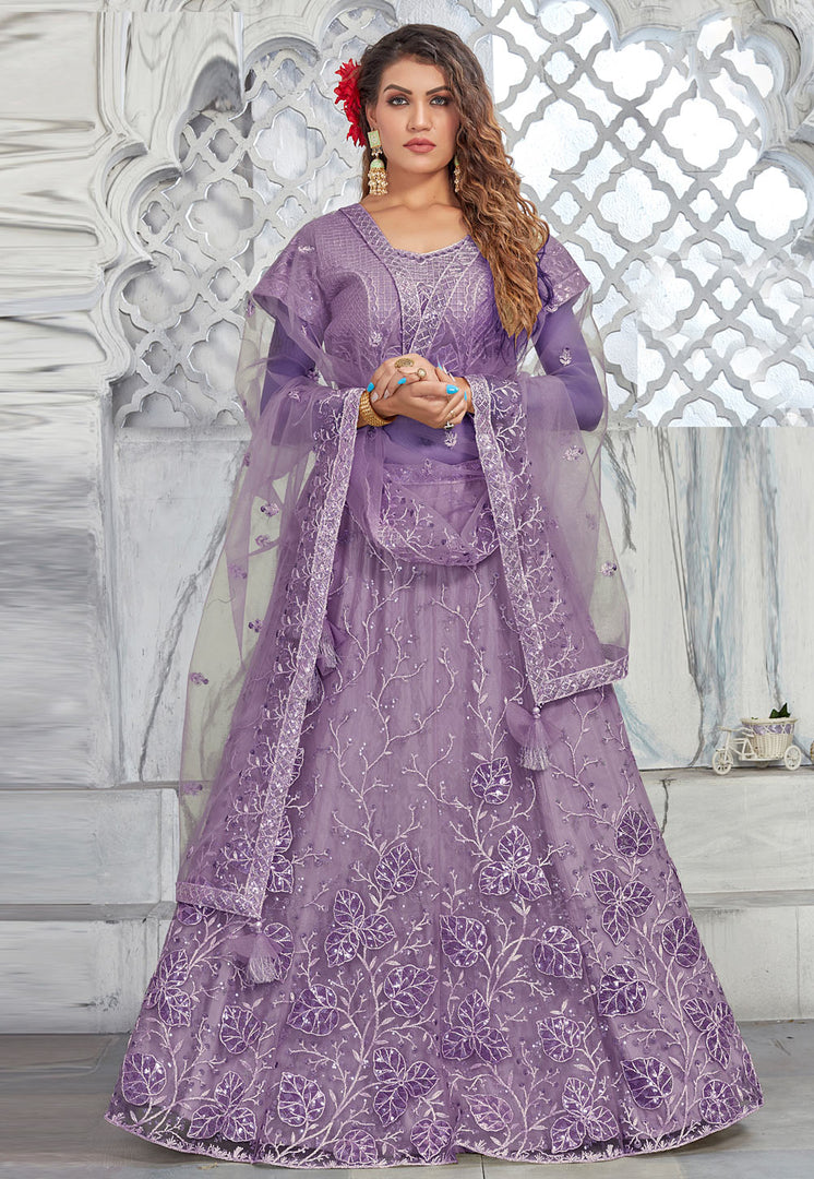 Lavender Net A Line Lehenga Choli