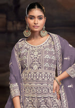 Load image into Gallery viewer, Lavender Net Embroidered Anarkali Suit
