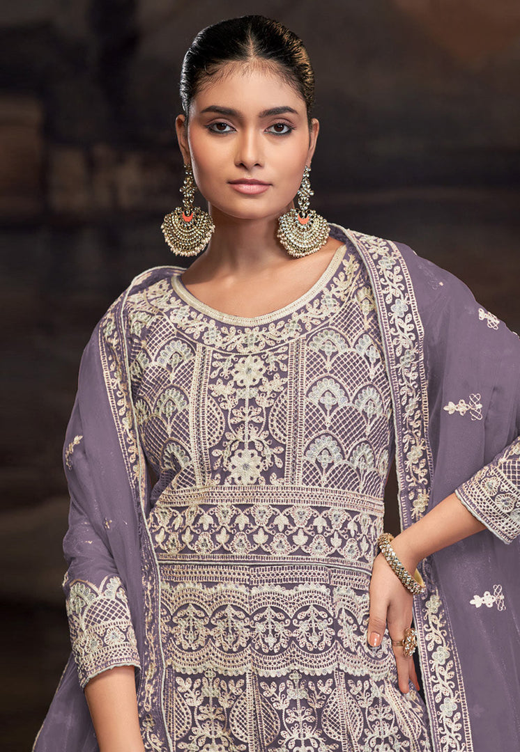 Lavender Net Embroidered Anarkali Suit