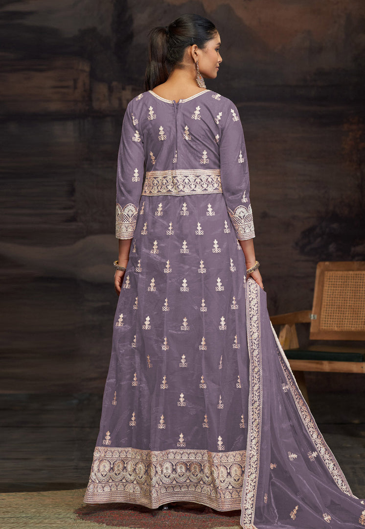 Lavender Net Embroidered Anarkali Suit