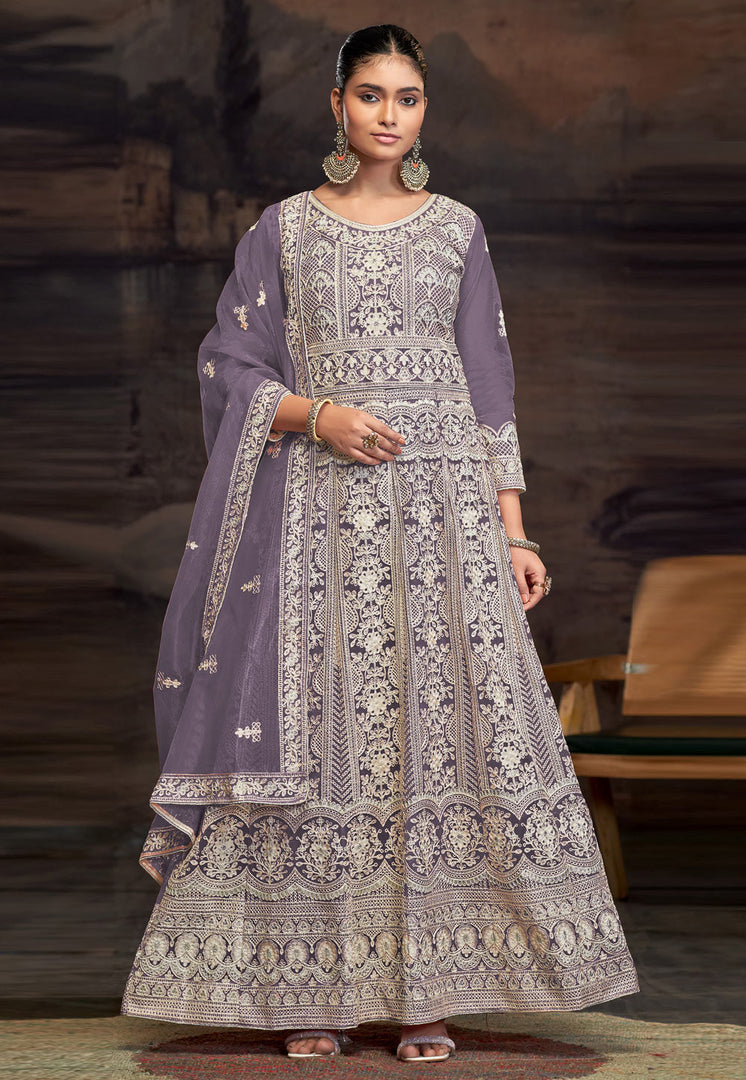 Lavender Net Embroidered Anarkali Suit