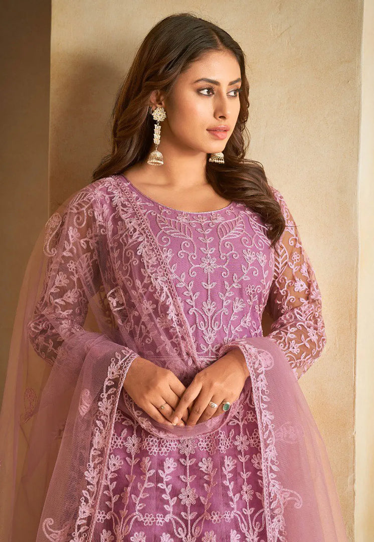 Lavender Net Embroidered Anarkali Suit