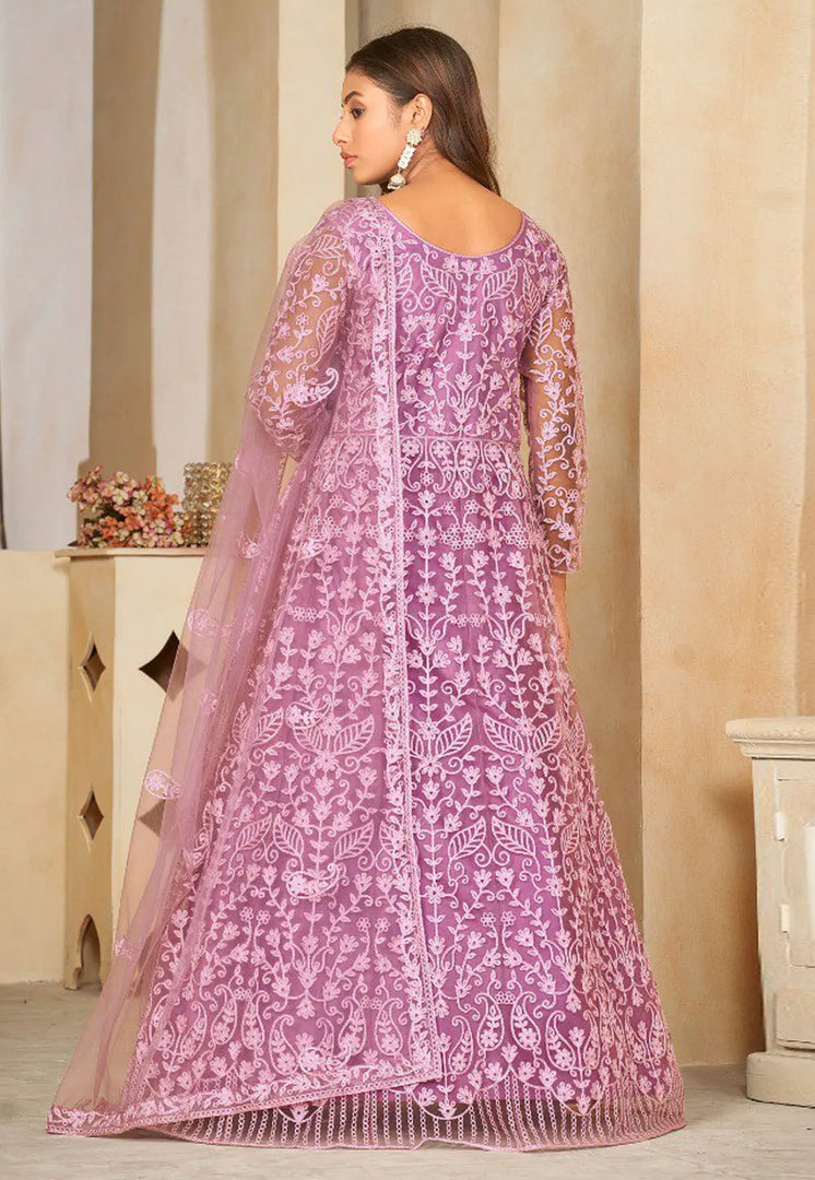 Lavender Net Embroidered Anarkali Suit
