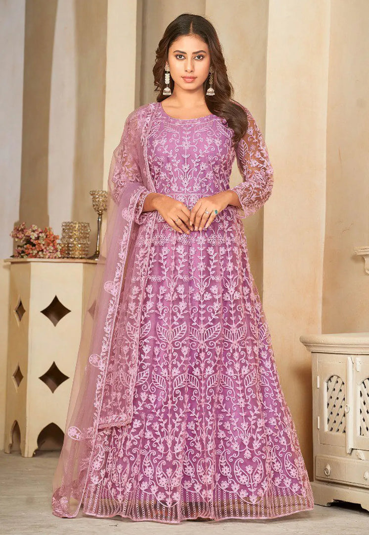Lavender Net Embroidered Anarkali Suit