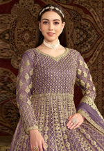 Load image into Gallery viewer, Lavender Net Embroidered Long Anarkali Suit
