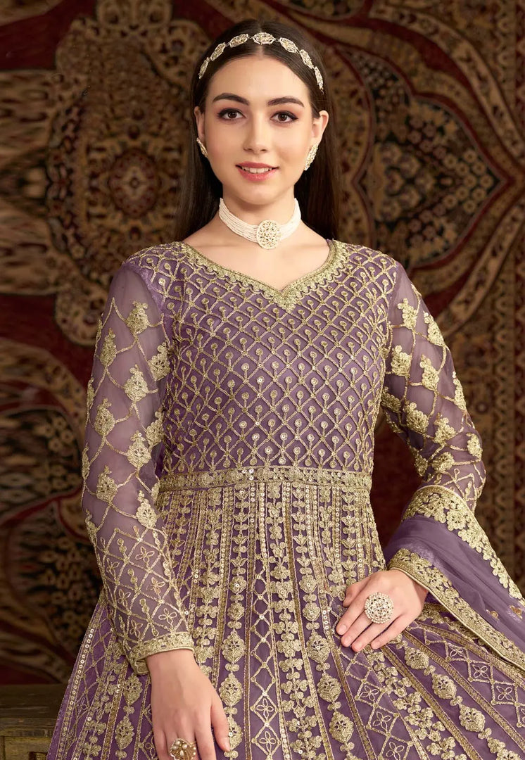 Lavender Net Embroidered Long Anarkali Suit
