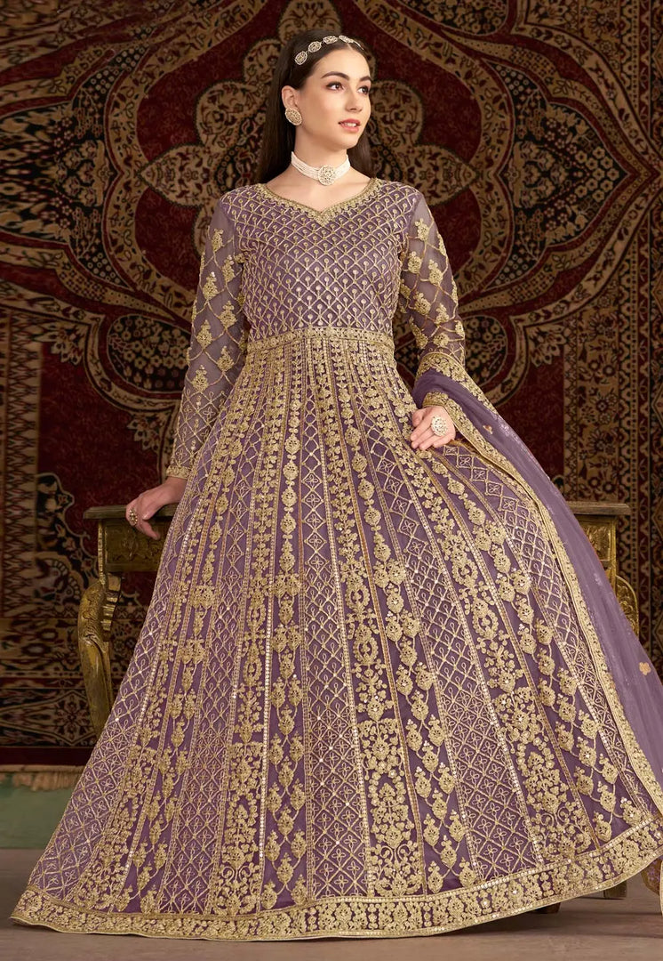 Lavender Net Embroidered Long Anarkali Suit
