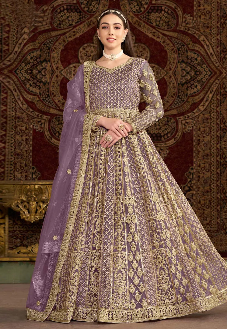Lavender Net Embroidered Long Anarkali Suit