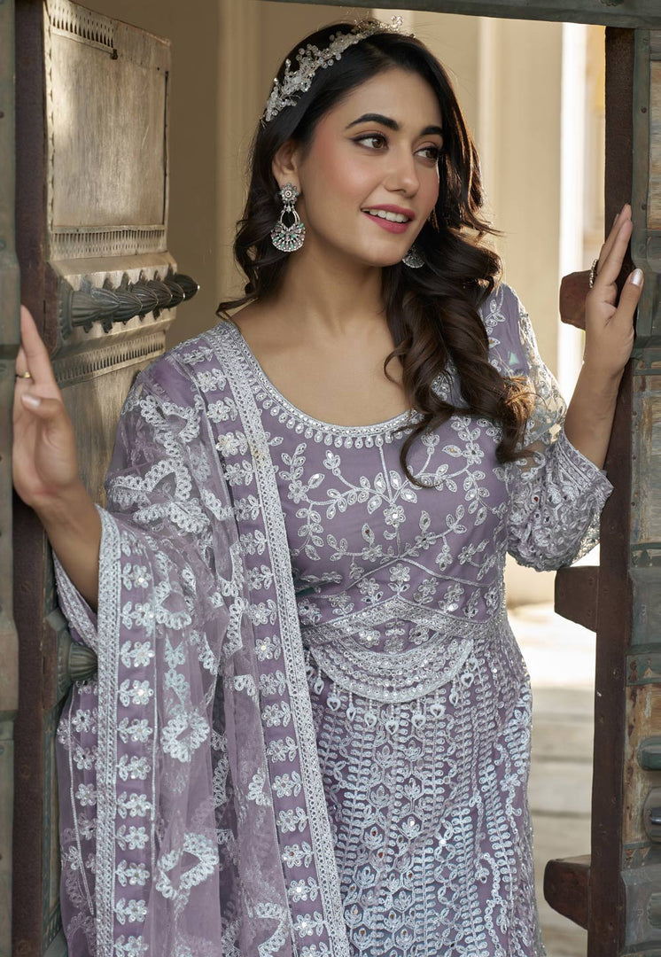 Lavender Net Embroidered Long Anarkali Suit
